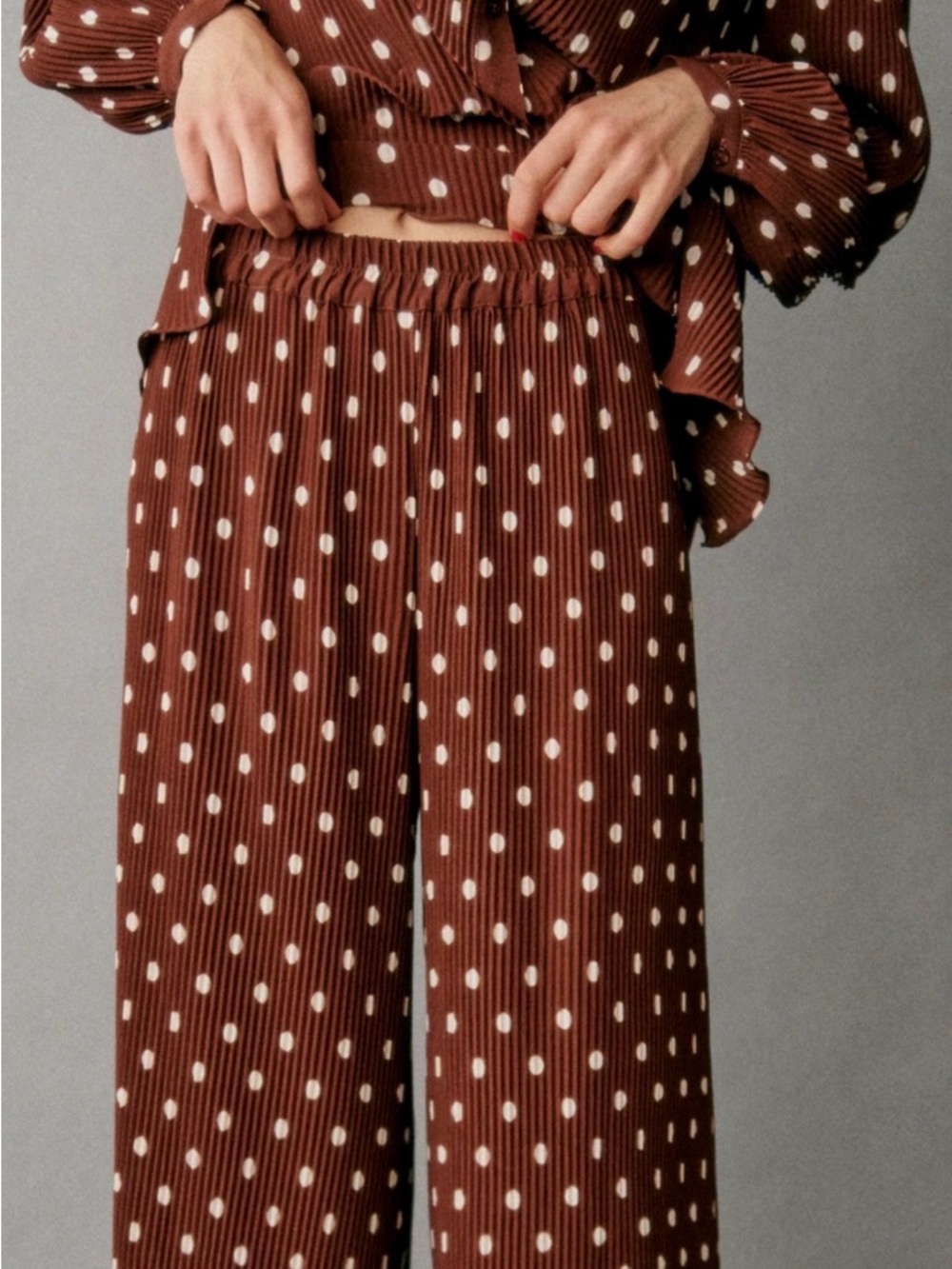 Sézane Classic Polka Dot Brown Wide-Leg Pants - Picture 2 of 6
